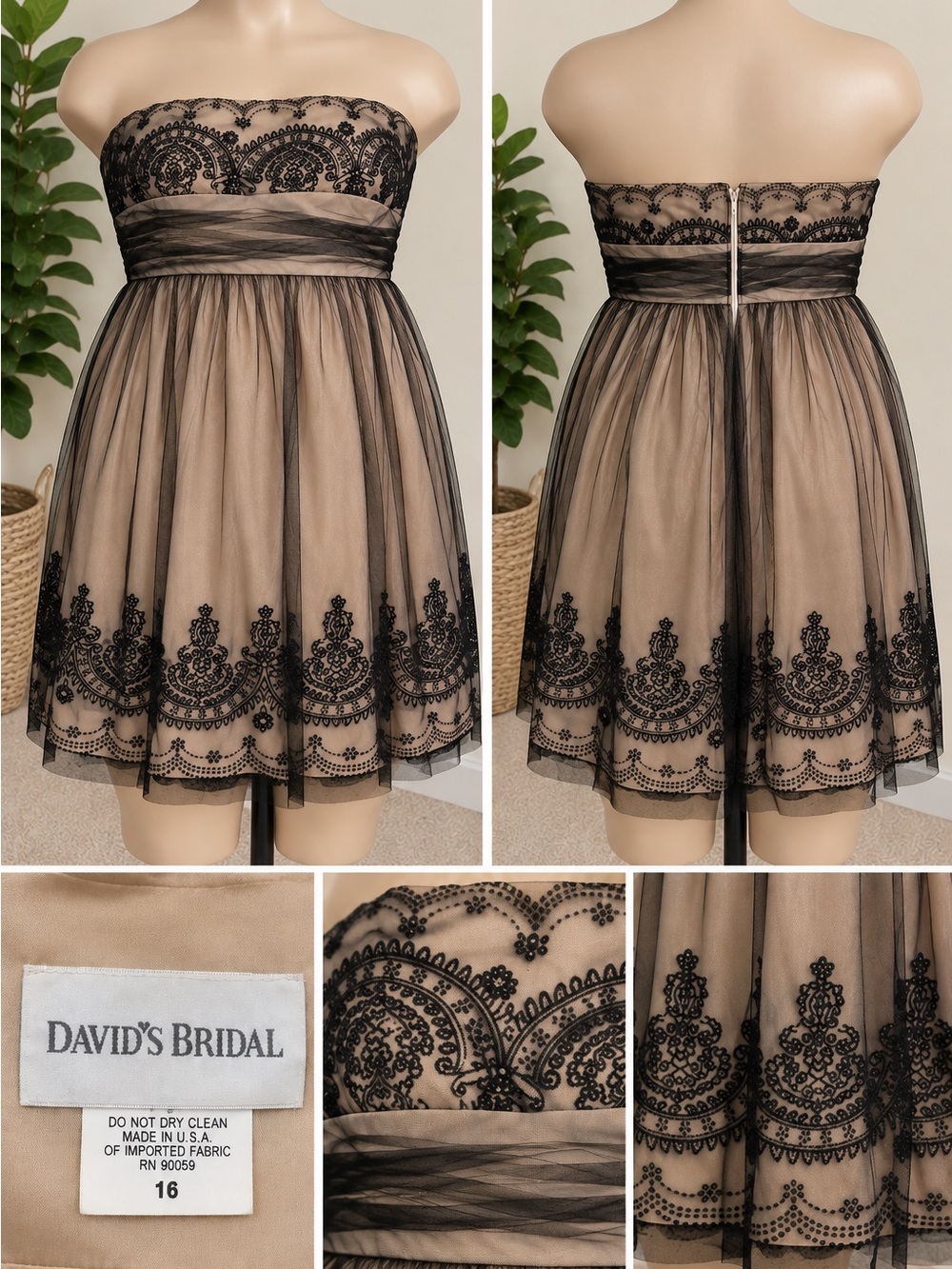 David's Bridal Strapless Black Lace Overlay Cocktail Dress - Nude/Black
